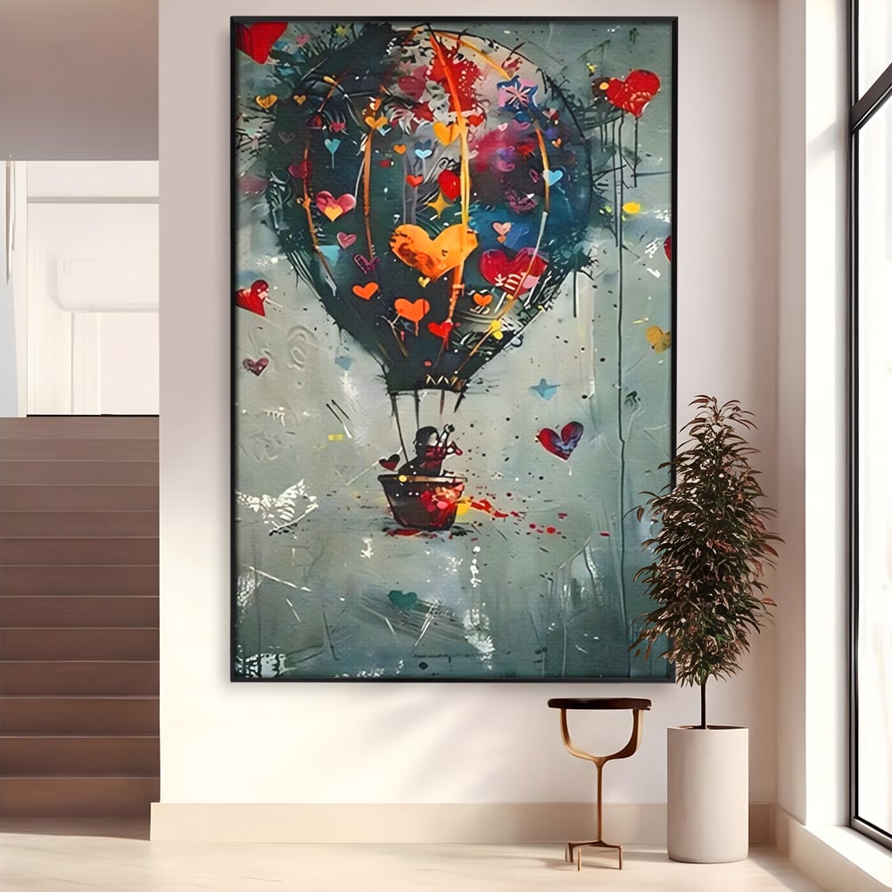 Tablou canvas cu tablou canvas cu balon cu aer cald si inimi, in rama de aluminiu negru